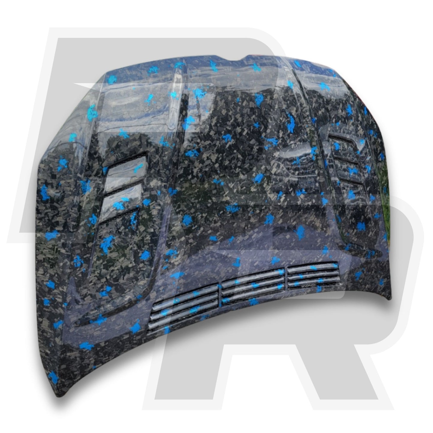 Car hood with a blue forged pattern on a white background